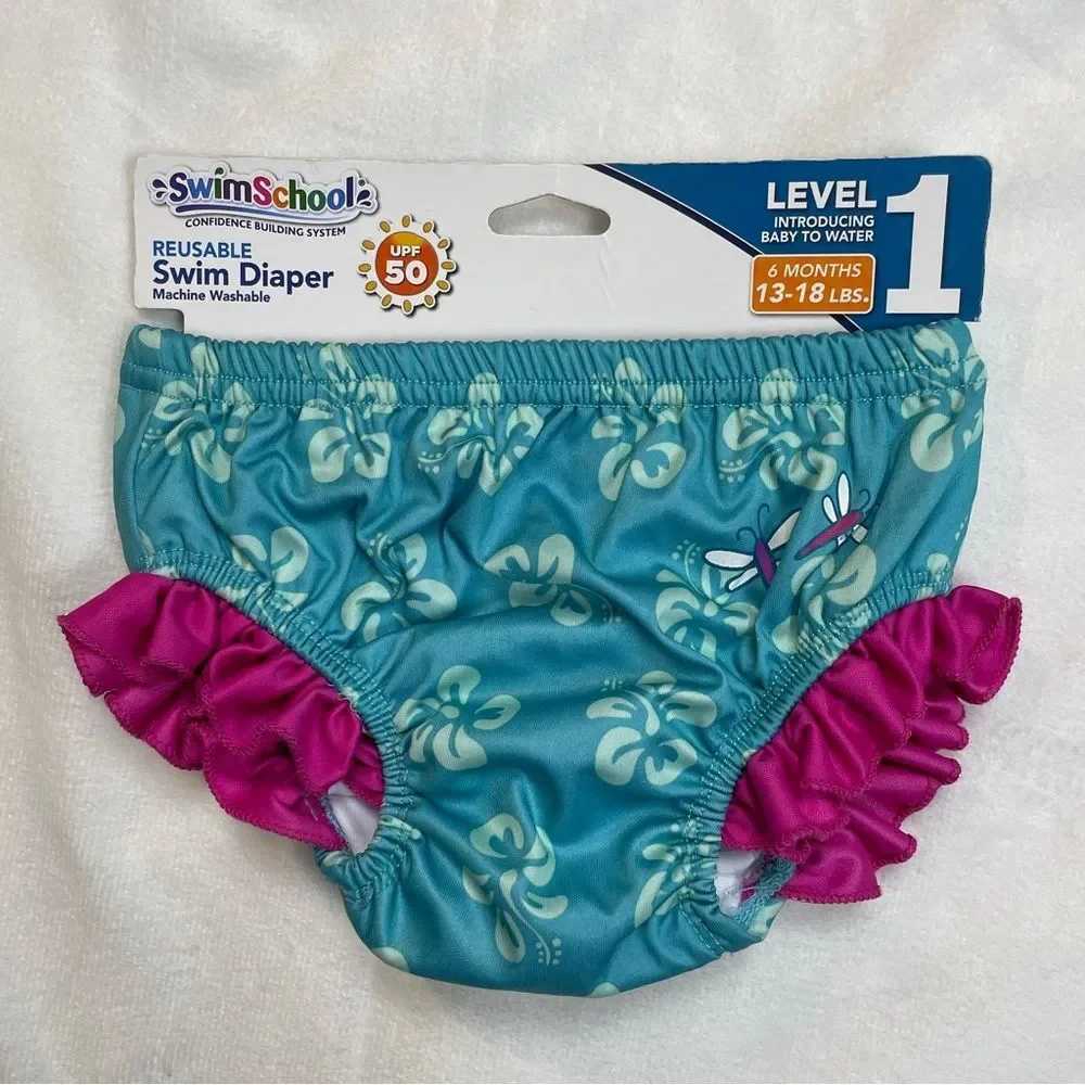 13 - 18 lbs 6 Months Reusable Swim Diaper - Blue & Pink Ruffles UPF 50